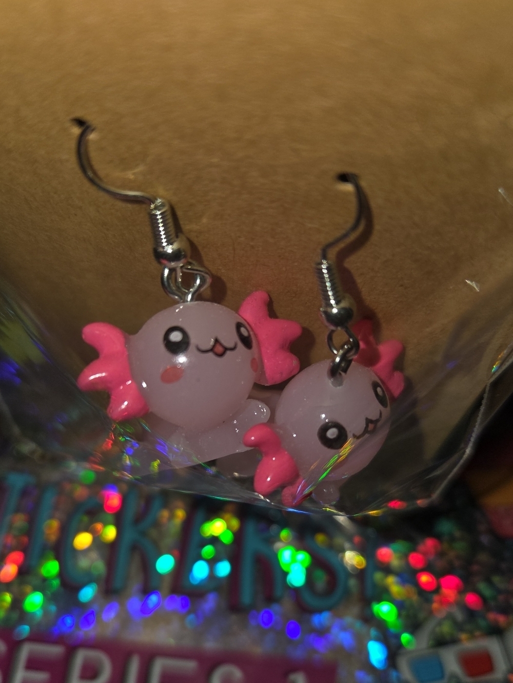 Pastel Pink Axolotl Charm Dangle Earrings